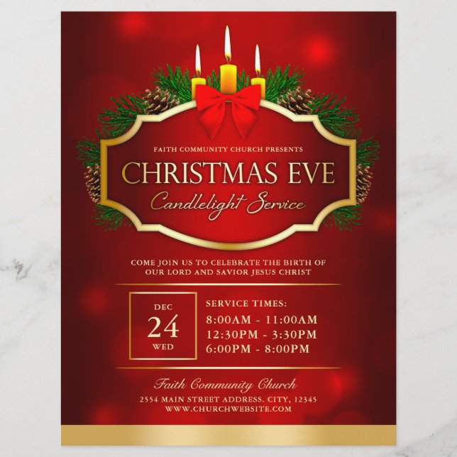 Flyer Navidades Eve Candlelight Church Service Red Gold (Frente)