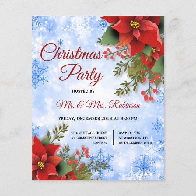 Flyer Navidades Fiesta Silver Blue Sparkle Poinsettia (Frente)