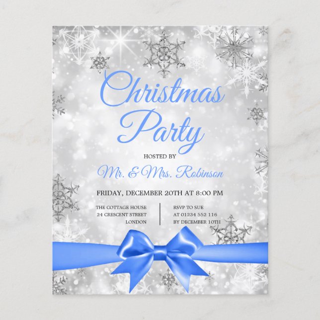 Flyer Navidades Fiesta Silver Winter Sparkle Blue Ribbon (Frente)