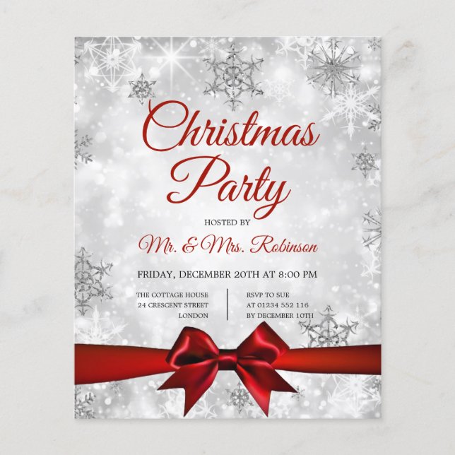 Flyer Navidades Fiesta Silver Winter Sparkle Red Ribbon (Frente)