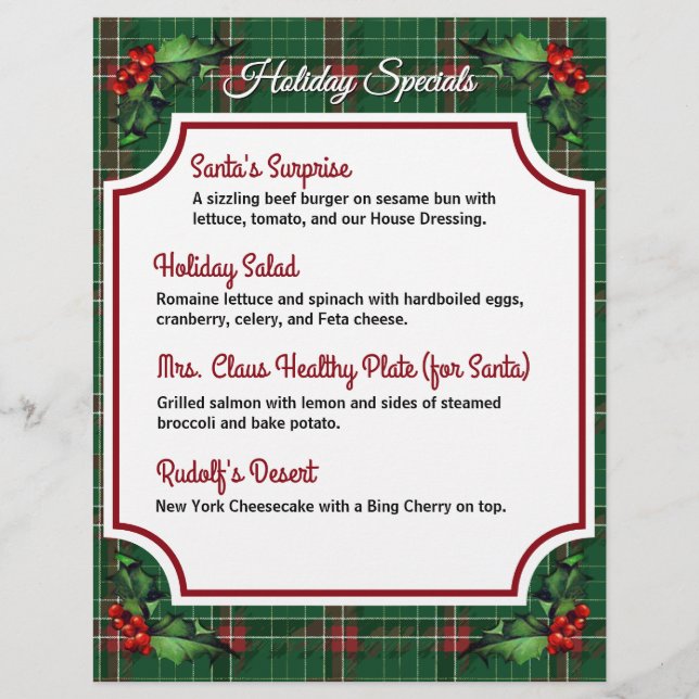Flyer Navidades Green Plaid Restaurant Specials (Frente)
