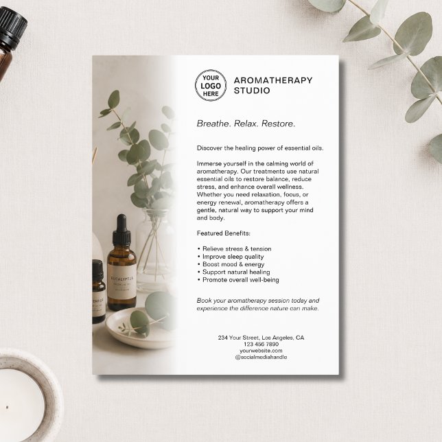 Flyer Negocio de Spa de Aromaterapia Logotipo Personaliz (Aromatherapy Spa Business White Custom Logo Flyer)