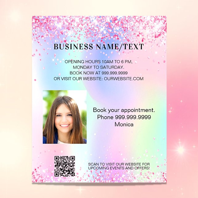 Flyer Negocio del código qr de la foto rosa holográfica (Subido por el creador)
