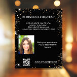 Flyer Negra de promoción de código qr con foto de oro<br><div class="desc">Personaliza y agrega tu negocio,  nombre,  dirección,  tu texto,  foto,  tu propio código QR a tu sitio web. Fondo negro,  texto blanco. Decorado con finos destellos de purpurina dorado.</div>