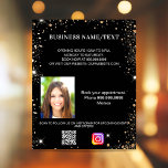 Flyer Negra foto de oro qr código de Instagram negocio<br><div class="desc">Personalice y agregue su nombre de negocio,  dirección,  su texto,  foto,  su propio código QR a su cuenta de Instagram. Fondo negro,  texto blanco. Decorado con finos destellos de purpurina dorado.</div>
