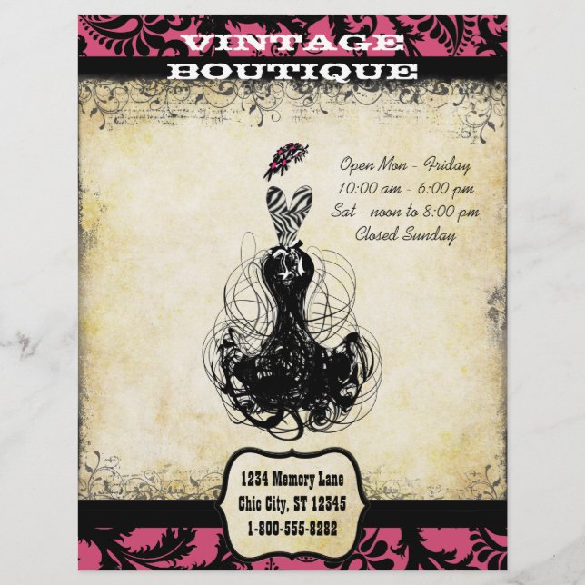 Flyer Negra y rosa Vintage Boutique o Business (Frente)
