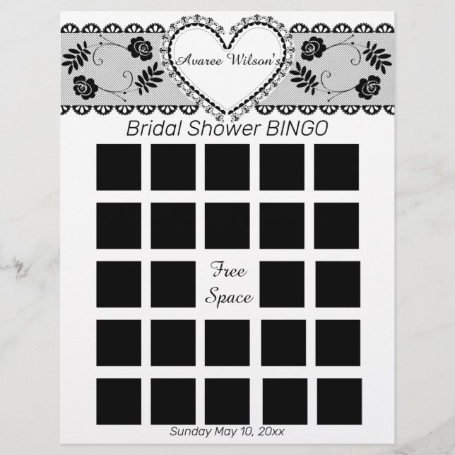 Flyer Negro con Bingo de ducha de novia de encaje blanco (Frente)
