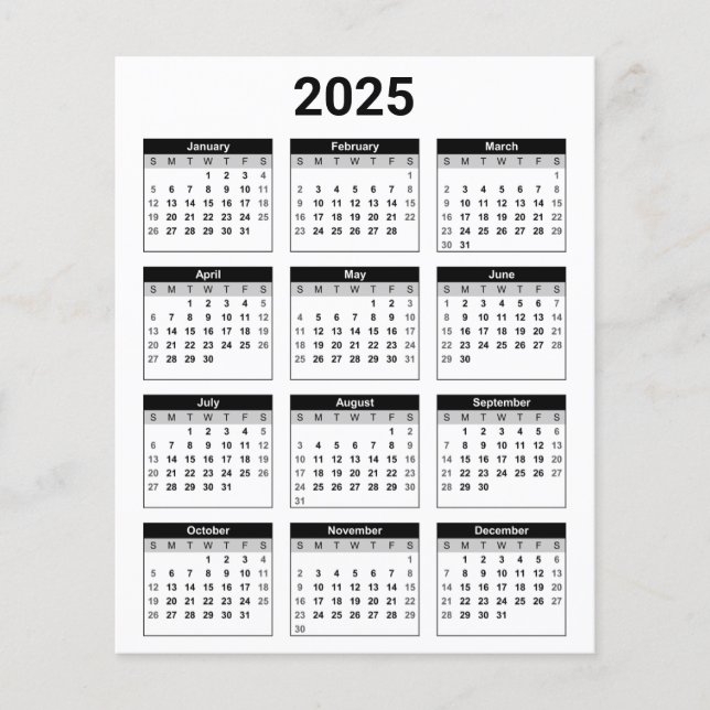 Flyer Negro y blanco 2025 año a un calendario de resumen (Frente)