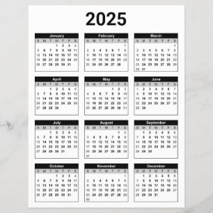 Flyer Negro y blanco 2025 año a un calendario de resumen