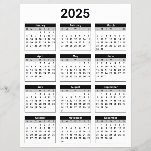 Flyer Negro y blanco 2025 año a un calendario de resumen (Frente)