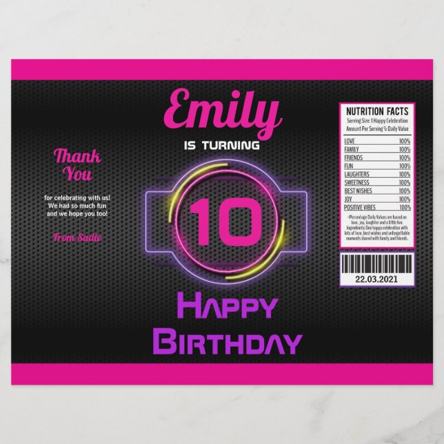 Flyer Neon Chica Rosa Cumpleaños Partido Chip Bag Wraper (Frente)