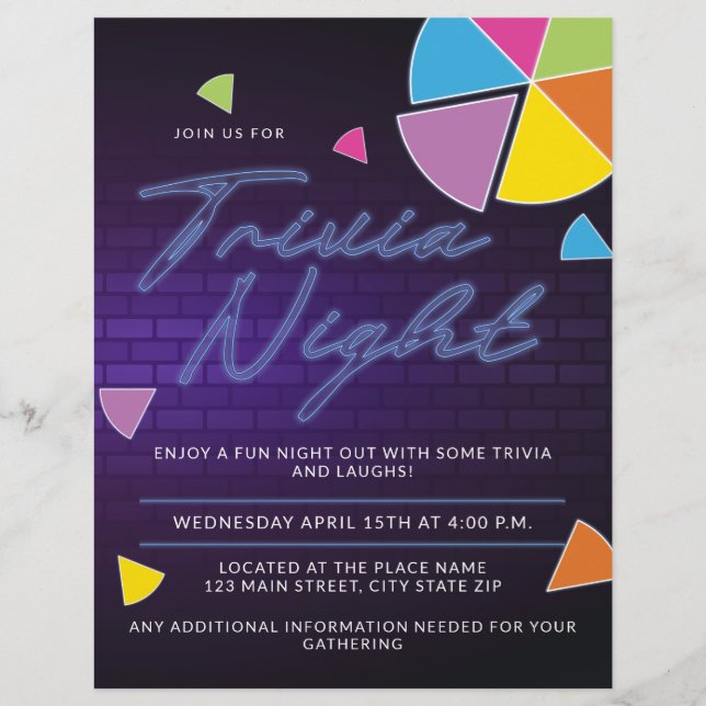 Flyer Neon Trivia Fiesta nocturno (Frente)