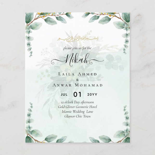 Flyer NIKAH Greenery Wedding Invitaciones al oro moderno (Frente)