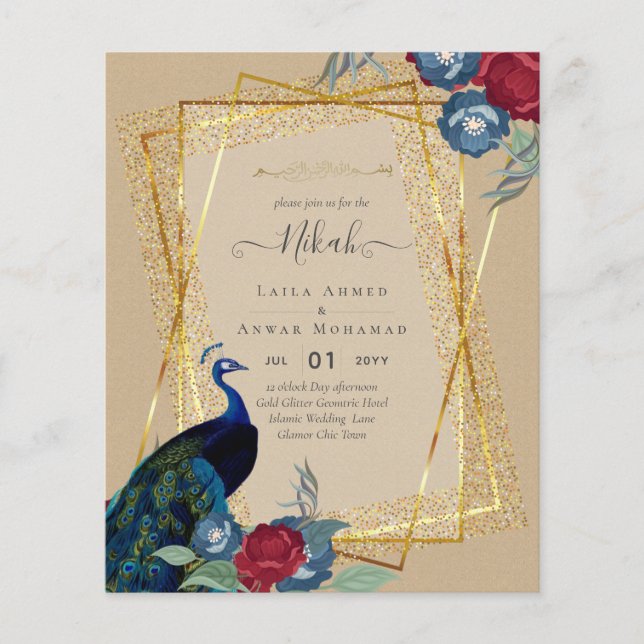 Flyer NIKAH Peacock Floral Gold Frame Boda Islámico (Frente)