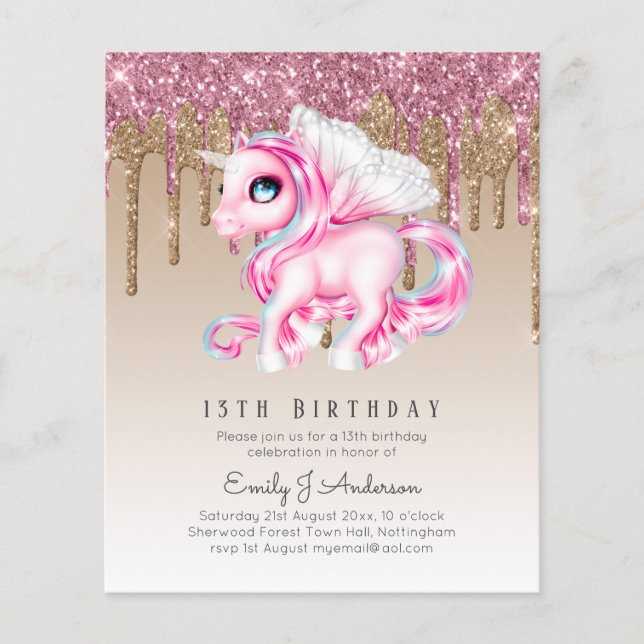 Flyer Niños con presupuesto invitan a unicornio rosa (Frente)
