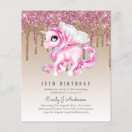 Flyer Niños con presupuesto invitan a unicornio rosa