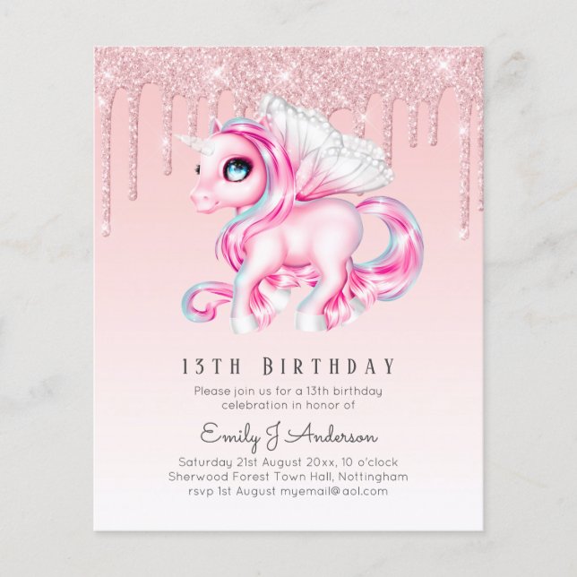 Flyer Niños con presupuesto invitan a unicornio rosa (Frente)