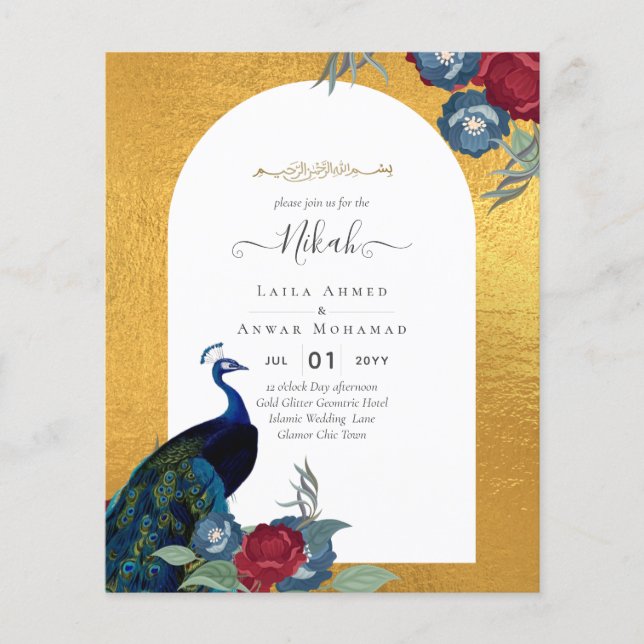 Flyer NIZKAH Peacock Floral Gold Frame Boda Islámico Fl (Frente)