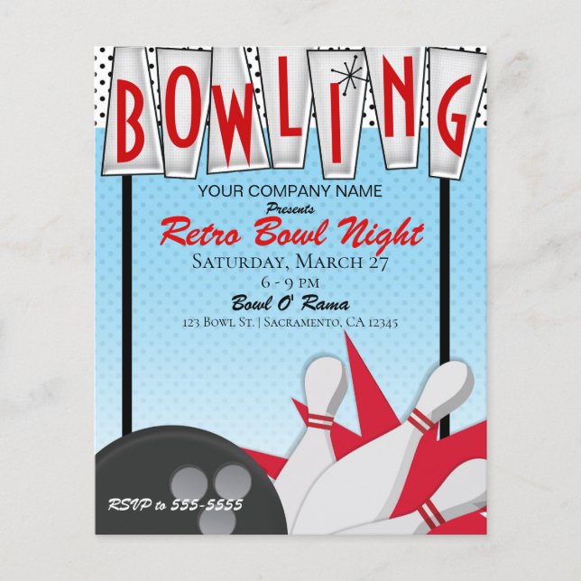 Flyer Noche de fiesta de bolos Retro Bowling Bowl Evento (Frente)