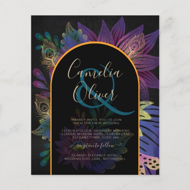 Flyer Noir Peacock Jewel Tones Boda Floral (Frente)