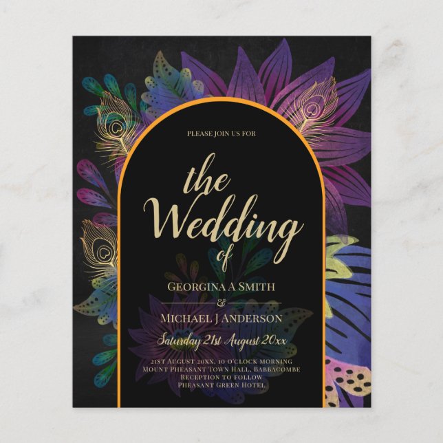 Flyer Noir Peacock Jewel Tones Boda Floral (Frente)
