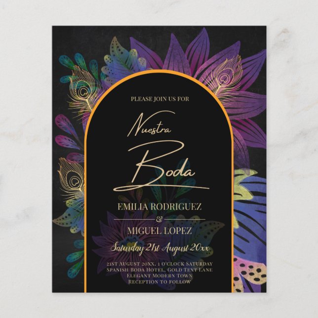 Flyer Noir Peacock Jewel Tones Boda Floral (Frente)