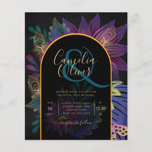 Flyer Noir Peacock Jewel Tones Boda Floral (Frente)