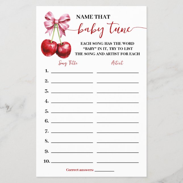 Flyer Nombrar Baby Tune Cherry Baby Shower Game Card (Frente)