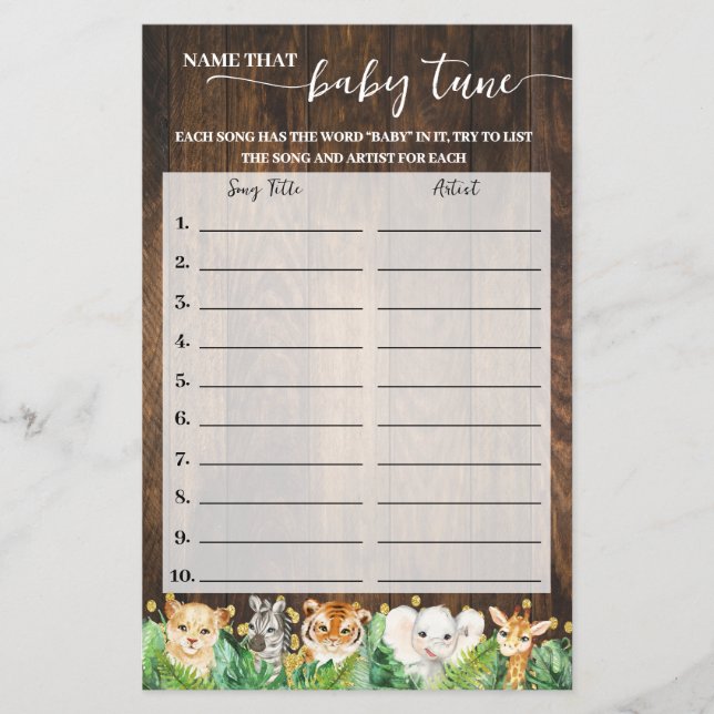 Flyer Nombrar bebé Tune Safari Baby Shower Game Card (Frente)