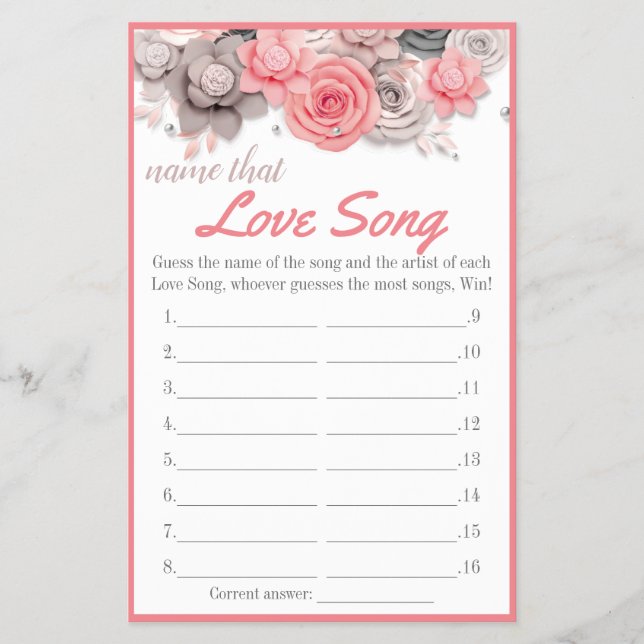 Flyer Nombrar la tarjeta de juego Love Song Bridal Showe (Frente)
