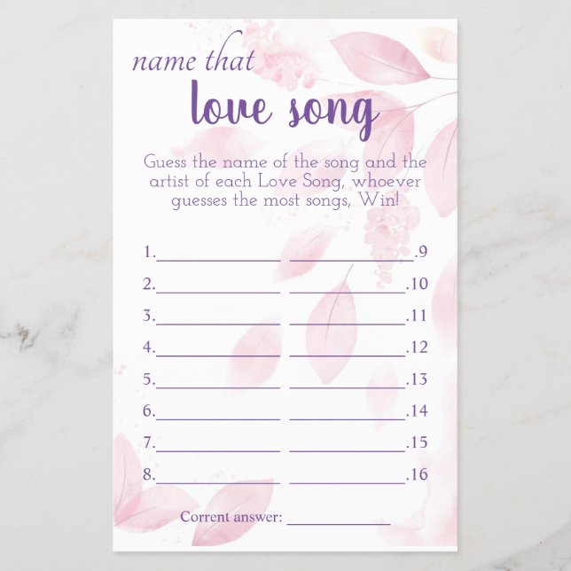 Flyer Nombrar la tarjeta de juego Love Song Bridal Showe (Frente)