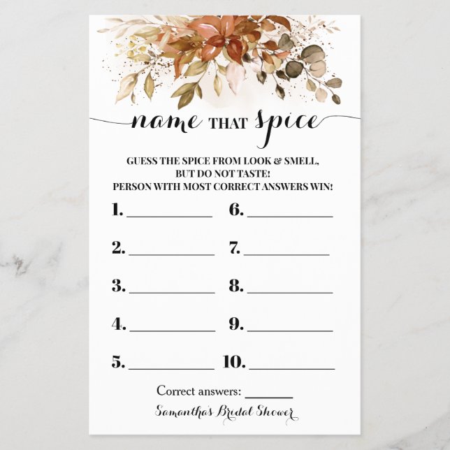 Flyer Nombrar la tarjeta de juego Spice Autumn Bridal Sh (Frente)