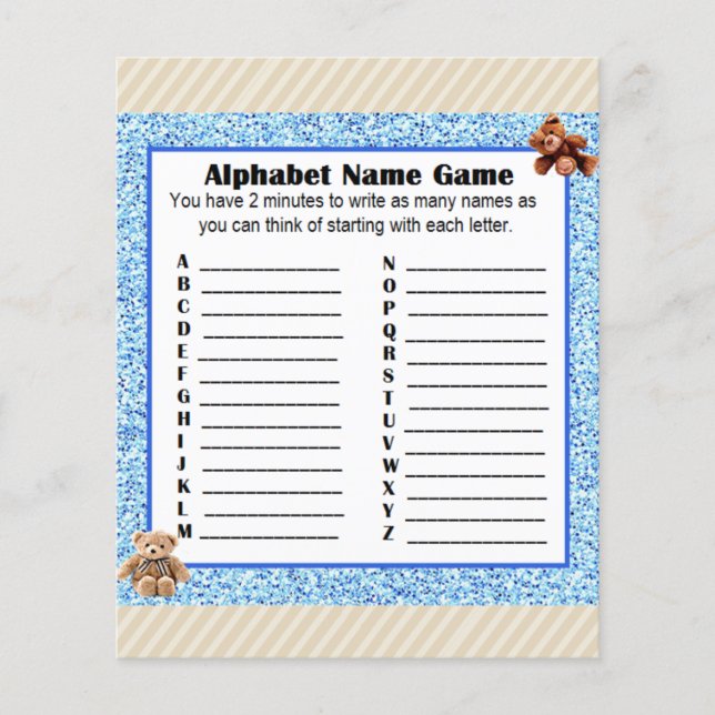 Flyer Nombre de alfabeto de Baby Shower Juego BINGO Oso  (Frente)