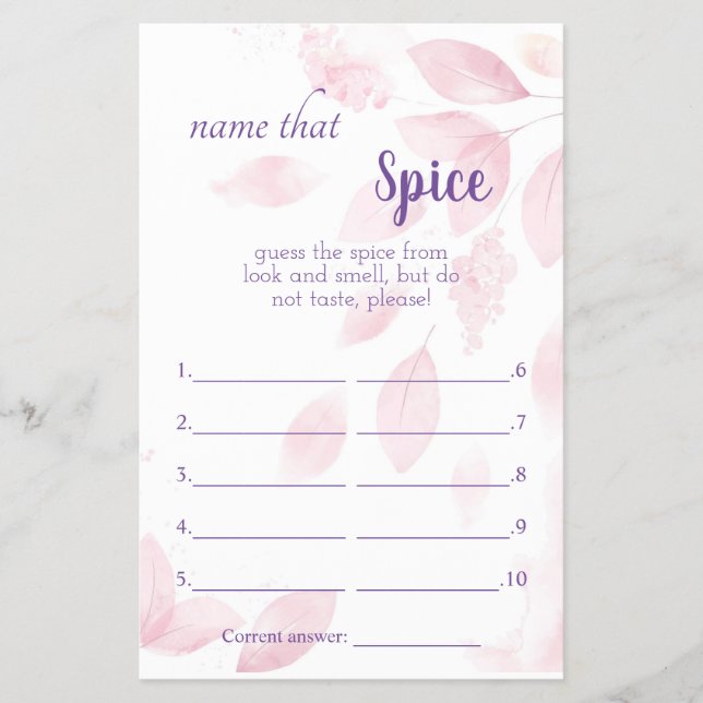 Flyer Nombre de la tarjeta de juego Spice Bridal Shower (Frente)