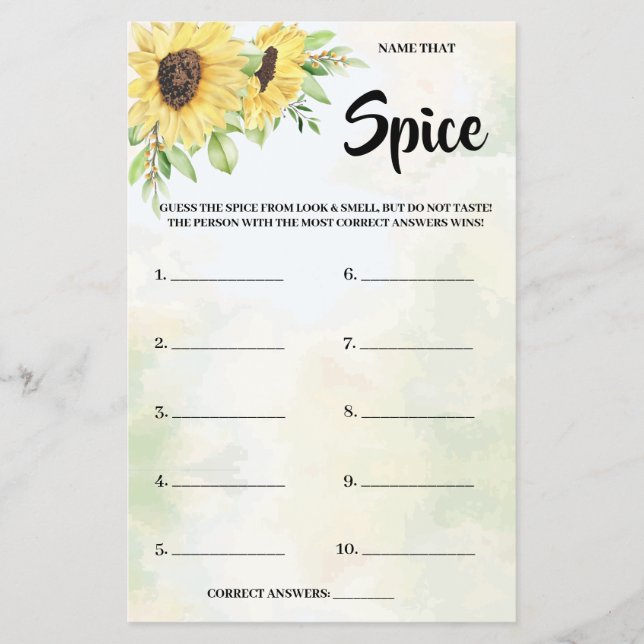 Flyer Nombre de la tarjeta de juego Spice Sunflowers Bri (Frente)