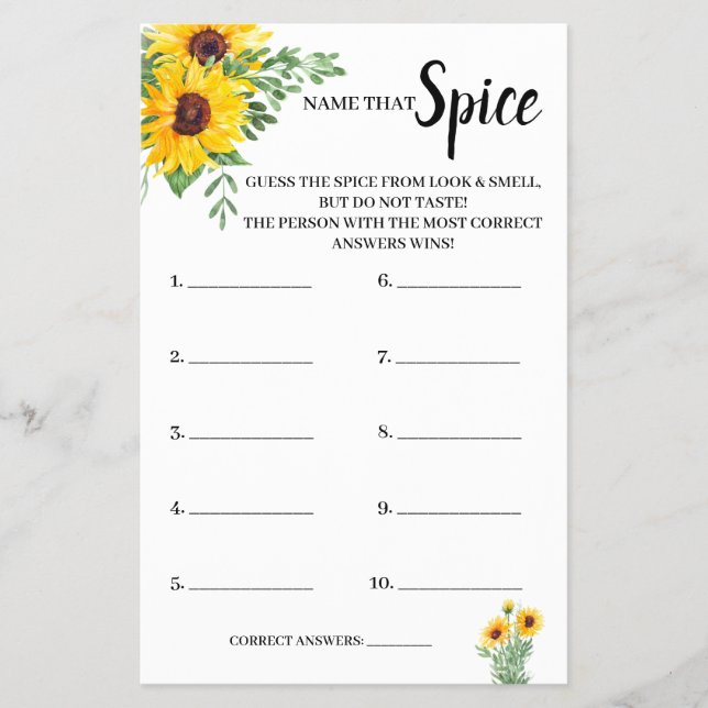 Flyer Nombre de la tarjeta de juego Spice Sunflowers Bri (Frente)