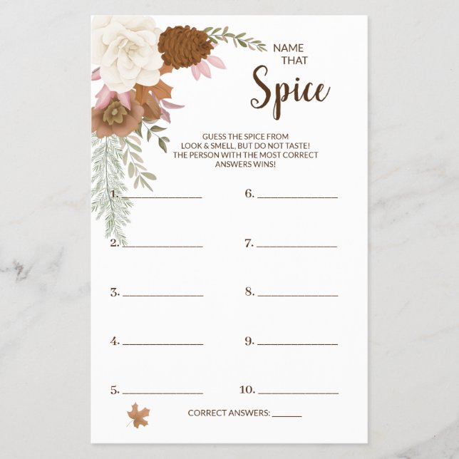 Flyer Nombre que Spice Boho Autumn BridalShower Game Car (Frente)