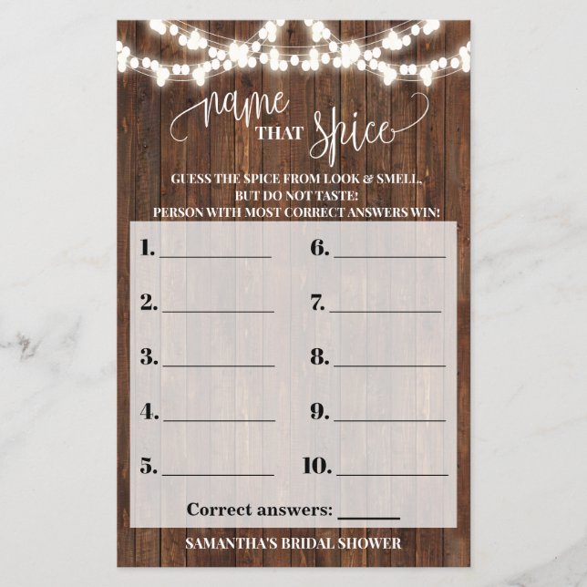 Flyer Nombre que Spice Western Bridal Shower Game Card (Frente)