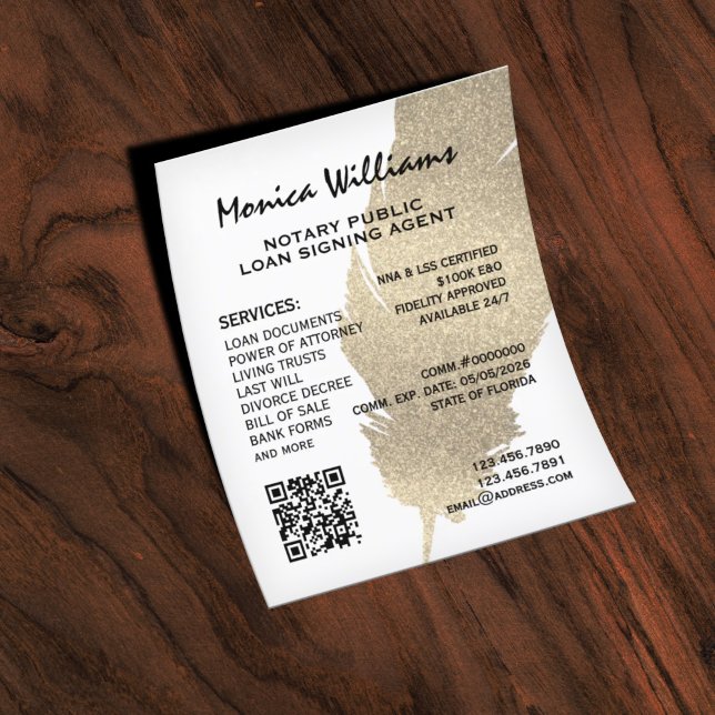 Flyer Notario de plumas de purpurina dorado (Subido por el creador)