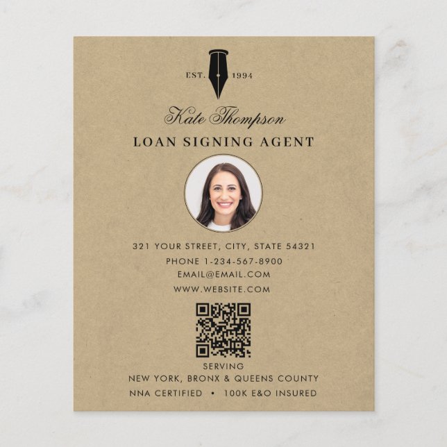 Flyer Notary Signing Agent QR Code Rustic Kraft Photo (Frente)
