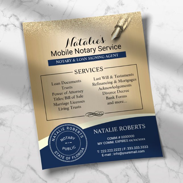 Flyer Notary Stamp Loan Siging Agent Navy & Gold (Subido por el creador)