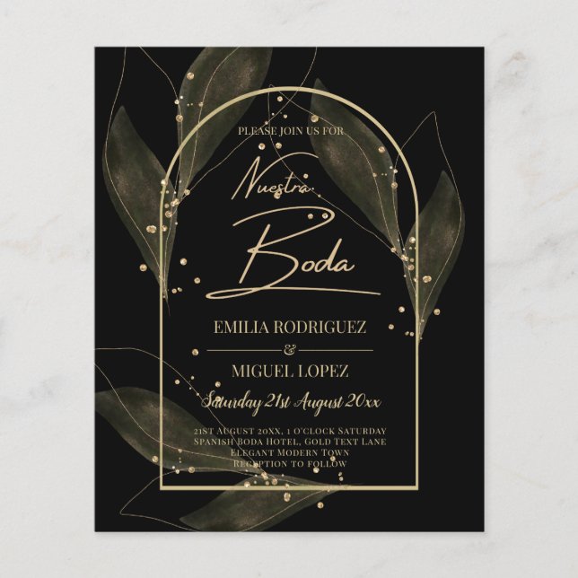 Flyer NUESTRA BODA Black Gold Leaves Wedding Invite (Frente)