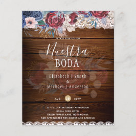 Flyer Nuestra Boda Burgundy Blue Floral Lace INVITE