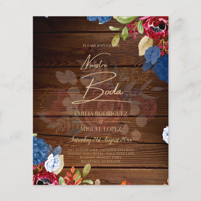 Flyer NUESTRA BODA Burgundy Blue Floral Wedding INVITE (Frente)