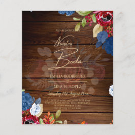 Flyer NUESTRA BODA Burgundy Blue Floral Wedding INVITE