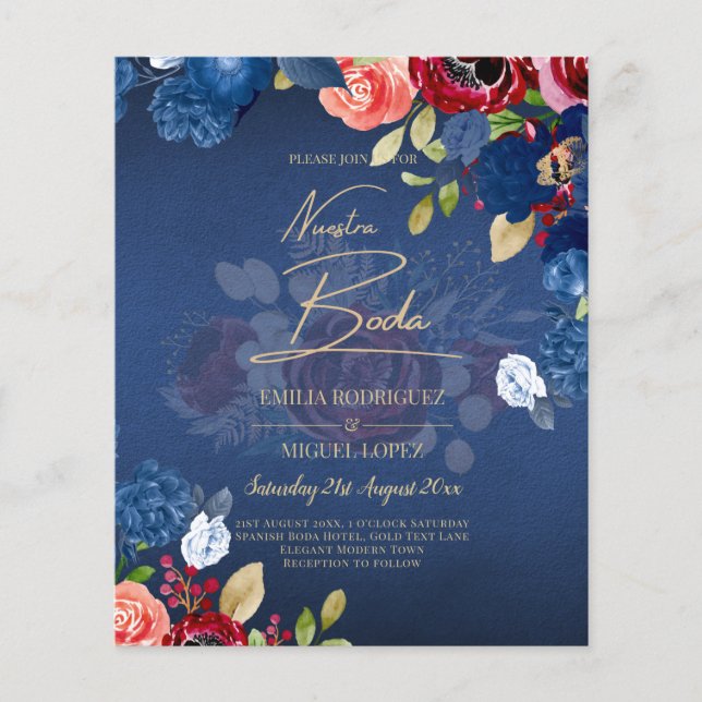 Flyer NUESTRA BODA Burgundy Blue Floral Wedding INVITE (Frente)