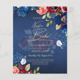 Flyer NUESTRA BODA Burgundy Blue Floral Wedding INVITE