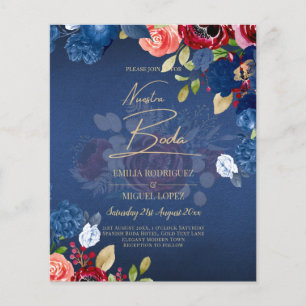 Flyer NUESTRA BODA Burgundy Blue Floral Wedding INVITE
