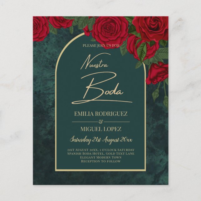 Flyer NUESTRA BODA Green Gold RED Roses Winter INVITE (Frente)