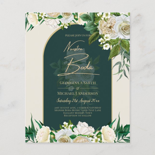 Flyer NUESTRA BODA Green Gold White Roses Winter INVITE (Frente)